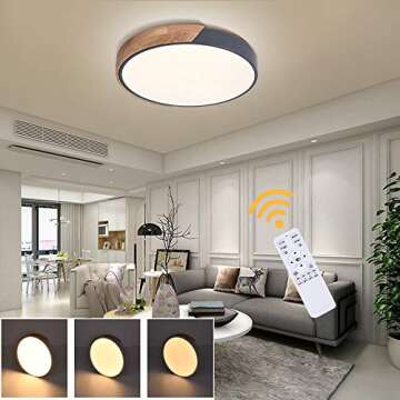 EDISLIVE Ceiling Light Dimmable 19 inch Modern Minimalist LED Round Shaped Wood & Metal & Acrylic Flush Mount Ceiling Light with Remote Control Gray