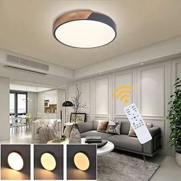 EDISLIVE Ceiling Light Dimmable 19 inch Modern Minimalist LED Round Shaped Wood & Metal & Acrylic Flush Mount Ceiling Light with Remote Control Gray