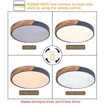 EDISLIVE Ceiling Light Dimmable 19 inch Modern Minimalist LED Round Shaped Wood & Metal & Acrylic Flush Mount Ceiling Light with Remote Control Gray