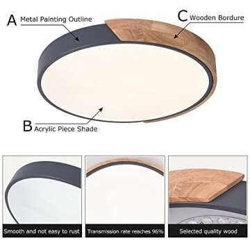 EDISLIVE Ceiling Light Dimmable 19 inch Modern Minimalist LED Round Shaped Wood & Metal & Acrylic Flush Mount Ceiling Light with Remote Control Gray