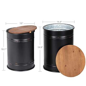 Rustic Storage Ottoman Seat Stool, Farmhouse Accent Side Table, Antique Galvanized Metal End Table Box Bin with Round Wooden Lid Set of 2 (Black)