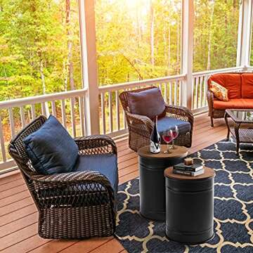 Rustic Storage Ottoman Seat Stool, Farmhouse Accent Side Table, Antique Galvanized Metal End Table Box Bin with Round Wooden Lid Set of 2 (Black)