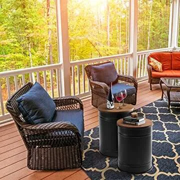 Rustic Storage Ottoman Seat Stool, Farmhouse Accent Side Table, Antique Galvanized Metal End Table Box Bin with Round Wooden Lid Set of 2 (Black)