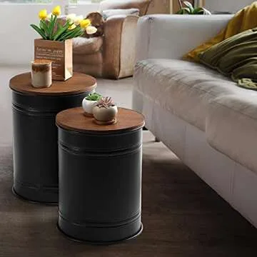 Rustic Storage Ottoman Seat Stool, Farmhouse Accent Side Table, Antique Galvanized Metal End Table Box Bin with Round Wooden Lid Set of 2 (Black)