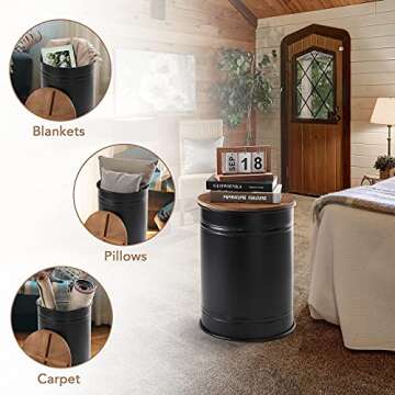 Rustic Storage Ottoman Seat Stool, Farmhouse Accent Side Table, Antique Galvanized Metal End Table Box Bin with Round Wooden Lid Set of 2 (Black)