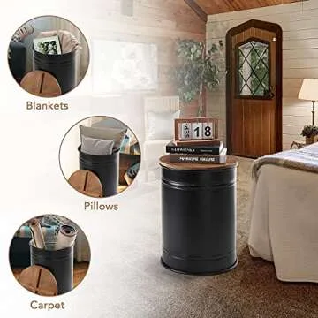Rustic Storage Ottoman Seat Stool, Farmhouse Accent Side Table, Antique Galvanized Metal End Table Box Bin with Round Wooden Lid Set of 2 (Black)