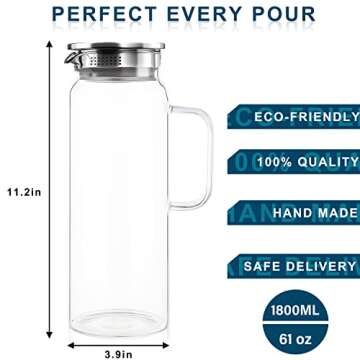 Set of 2 Glass Pitcher with Lid,2 Quart (64 oz / 1.9 Liter) Leak Proof,Glass Water Jugs, BPA-Free,Mi...