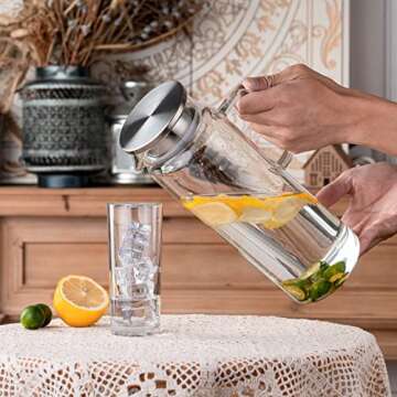 Set of 2 Glass Pitcher with Lid,2 Quart (64 oz / 1.9 Liter) Leak Proof,Glass Water Jugs, BPA-Free,Microwave & Dishwasher Safe Pitcher,Sun & Iced Tea, Sangria,Cold Brew Coffee & More
