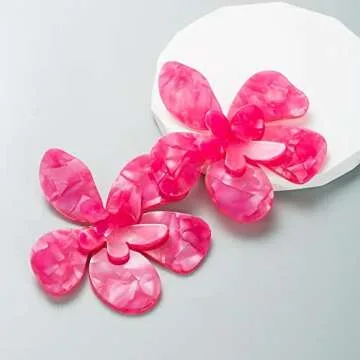 Zhang shine Pink Resin Acrylic Flower Dangle Earrings, Exaggerated Oversized Double Flower Earrings, Bohemian Floral Earrings for Women Beach Travel Shopping