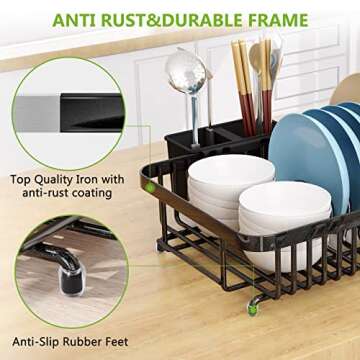 1Easylife Dish Drying Rack with Anti Rust Frame, Small Dish Drainer Rack for Kitchen Counter, Sink Dish Rack on Counter with Utensil Holder and Non-Slip Rubber Feet Rustproof for Organize Storage Blac