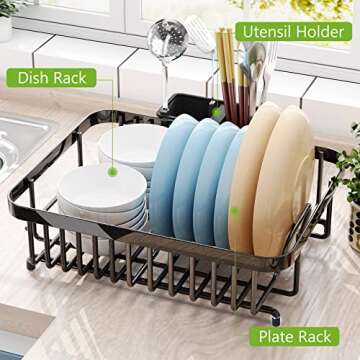 1Easylife Dish Drying Rack with Anti Rust Frame, Small Dish Drainer Rack for Kitchen Counter, Sink Dish Rack on Counter with Utensil Holder and Non-Slip Rubber Feet Rustproof for Organize Storage Blac