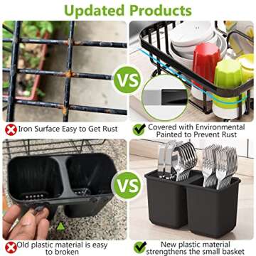 1Easylife Dish Drying Rack with Anti Rust Frame, Small Dish Drainer Rack for Kitchen Counter, Sink Dish Rack on Counter with Utensil Holder and Non-Slip Rubber Feet Rustproof for Organize Storage Blac