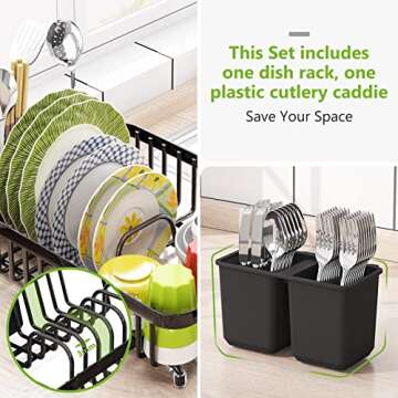 1Easylife Dish Drying Rack with Anti Rust Frame, Small Dish Drainer Rack for Kitchen Counter, Sink Dish Rack on Counter with Utensil Holder and Non-Slip Rubber Feet Rustproof for Organize Storage Blac