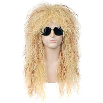PATTNIUM 80s Blonde Men Wig Long Curly 70s Heavy Metal Wig Mullet Rocker Hair for Women Halloween Co...
