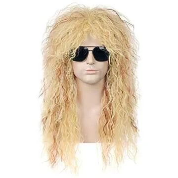 PATTNIUM 80s Blonde Men Wig Long Curly 70s Heavy Metal Wig Mullet Rocker Hair for Women Halloween Co...