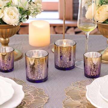 Volens 12pcs Assorted Purple Votive Candle Holders, Large Speckles Mercury Glass Votive & Tealight Candle Holder Bulk for Wedding Table Centerpiece, Purple and Gold Themed Party Decorations