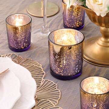 Volens 12pcs Assorted Purple Votive Candle Holders, Large Speckles Mercury Glass Votive & Tealight Candle Holder Bulk for Wedding Table Centerpiece, Purple and Gold Themed Party Decorations
