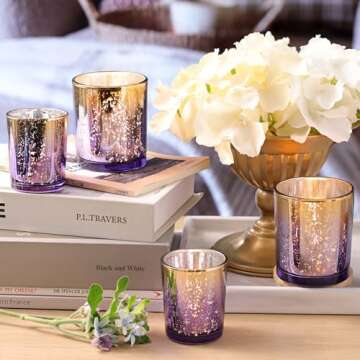 Volens 12pcs Assorted Purple Votive Candle Holders, Large Speckles Mercury Glass Votive & Tealight Candle Holder Bulk for Wedding Table Centerpiece, Purple and Gold Themed Party Decorations
