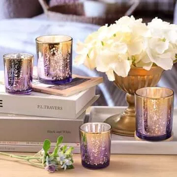 Volens 12pcs Assorted Purple Votive Candle Holders, Large Speckles Mercury Glass Votive & Tealight Candle Holder Bulk for Wedding Table Centerpiece, Purple and Gold Themed Party Decorations