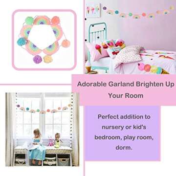 DrCor Pastel Rainbow Pom Pom Garland Colorful Classroom Garland Balls Bunting Banner Rainbow Room Decor for Girls Kids Bedroom Nursery Birthday Party Playroom Holiday Decor