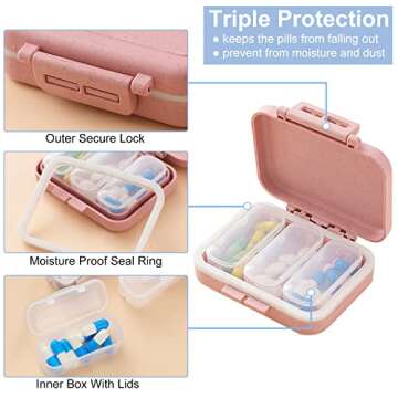 4 Pack 3 Compartments Travel Pill Box Moisture Proof Small Pill Case Portable for Pocket Purse Daily Pill Organizer Cute Pill Holder Container for Vitamins, Medicine