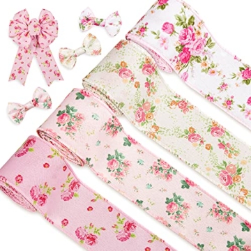 Whaline Floral Wired Edge Ribbon 4 Rolls Rose Flower Pattern Ribbon Spring Summer Fabric Decorative ...