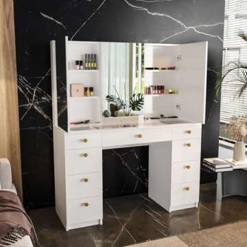 Boahaus Lily White Makeup Vanity Desk with Mirror Cabinets, Glass Top, 9 Drawers, and Golden Knobs - Modern Vanity Makeup Desk - Big Vanity - Large Vanity