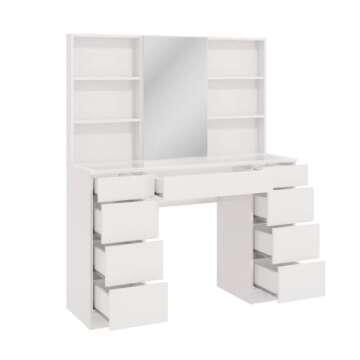 Boahaus Lily White Makeup Vanity Desk with Mirror Cabinets, Glass Top, 9 Drawers, and Golden Knobs - Modern Vanity Makeup Desk - Big Vanity - Large Vanity