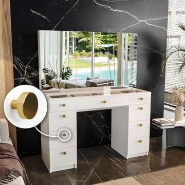 Boahaus Lily White Makeup Vanity Desk with Mirror Cabinets, Glass Top, 9 Drawers, and Golden Knobs - Modern Vanity Makeup Desk - Big Vanity - Large Vanity