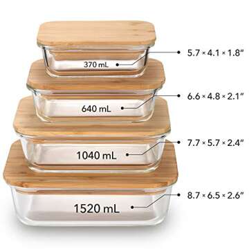 Nummyware Plastic-free Glass Food Container with Sustainable Bamboo Top (4, 370mL, 640mL, 1040mL, 1520mL)