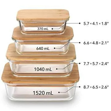 Nummyware Plastic-free Glass Food Container with Sustainable Bamboo Top (4, 370mL, 640mL, 1040mL, 1520mL)