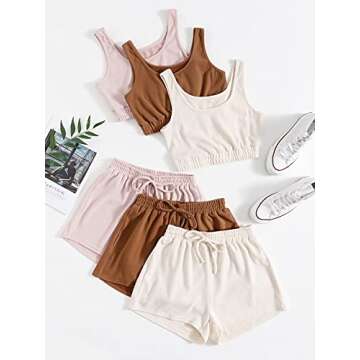 SheIn Women's 6 Pieces Outfits Tank Crop Top and Elastic Waist Shorts Lounge Set Multicolour Beige Large