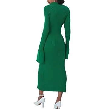 Miqil Women Sexy Slim Fit Ribbed Knit Long Dress Casual Cutout Solid High Spilt Wrap Sweater Maxi Dress Elegant Evening Dress B Green