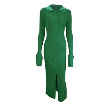 Miqil Women Sexy Slim Fit Ribbed Knit Long Dress Casual Cutout Solid High Spilt Wrap Sweater Maxi Dress Elegant Evening Dress B Green