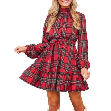 CUPSHE Women's Mini Dress High Neck Plaid Long Sleeve Belted Ruffled Hem Short Dresses Red Plaid, S