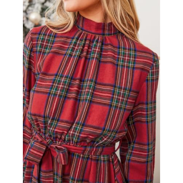 CUPSHE Women's Mini Dress High Neck Plaid Long Sleeve Belted Ruffled Hem Short Dresses Red Plaid, S