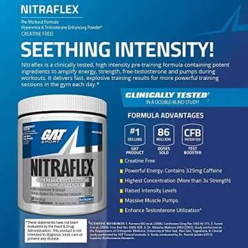 GAT SPORT Nitraflex Advanced Pre-Workout Powder, Increases Blood Flow, Boosts Strength and Energy, Improves Exercise Performance, (Blue Raspberry, 30 Servings)
