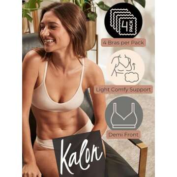 Kalon Women’s 4 Pack Demi Padded Bralette Wireless Comfortable Bra (S/M, Basics)