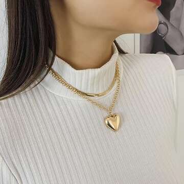 XUEZHIBAO Layered Chunky Heart Choker Necklace - Gold Plated Heart Pendant Herringbone Snake Chain Y...