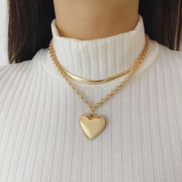 XUEZHIBAO Layered Chunky Heart Choker Necklace - Gold Plated Heart Pendant Herringbone Snake Chain Y2K Grunge Jewelry Gifts for Women (gold heart necklace)