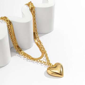 XUEZHIBAO Layered Chunky Heart Choker Necklace - Gold Plated Heart Pendant Herringbone Snake Chain Y2K Grunge Jewelry Gifts for Women (gold heart necklace)