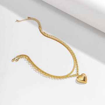 XUEZHIBAO Layered Chunky Heart Choker Necklace - Gold Plated Heart Pendant Herringbone Snake Chain Y2K Grunge Jewelry Gifts for Women (gold heart necklace)