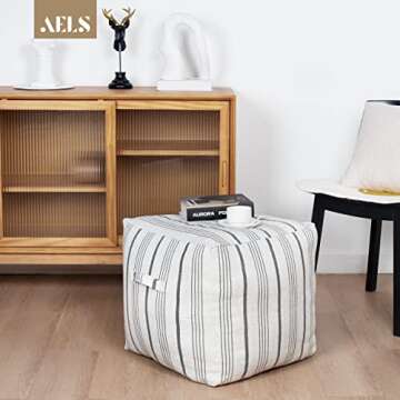 AELS Unstuffed Farmhouse Pouf Cover for Living Room, Storage Bean Bag Cubes, Off White & Gray Stripe...