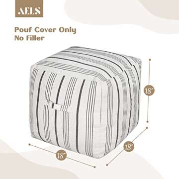 AELS Unstuffed Farmhouse Pouf Cover for Living Room, Storage Bean Bag Cubes, Off White & Gray Stripes Linen Square Ottoman Pouf Foot Rest Footstool, 18"x18"x18", Cover ONLY