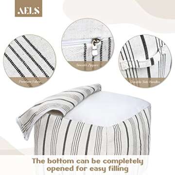 AELS Unstuffed Farmhouse Pouf Cover for Living Room, Storage Bean Bag Cubes, Off White & Gray Stripes Linen Square Ottoman Pouf Foot Rest Footstool, 18"x18"x18", Cover ONLY