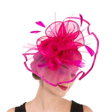 Fascinator Women's Organza Church Kentucky Derby British Bridal Tea Party Wedding Hat Summer Ruffle Hat(Hj2-Fuschia)