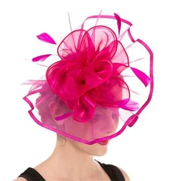 Fascinator Women's Organza Church Kentucky Derby British Bridal Tea Party Wedding Hat Summer Ruffle Hat(Hj2-Fuschia)