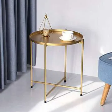 H HOMEWINS Tray Metal Round End Table,Gold Folding Small Side Table Outdoor & Indoor Accent Coffee Table for Small Spaces,Bedroom,Patio