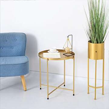 H HOMEWINS Tray Metal Round End Table,Gold Folding Small Side Table Outdoor & Indoor Accent Coffee Table for Small Spaces,Bedroom,Patio