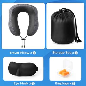 ExploreBliss Travel Pillow, Travel Pillows for Sleeping Airplane, Removable Cover Neck Pillow with Adjustable Clasp, Memory Foam Neck Pillow Set with Eye Mask, Earplugs and Storage Bag (Dark Grey)